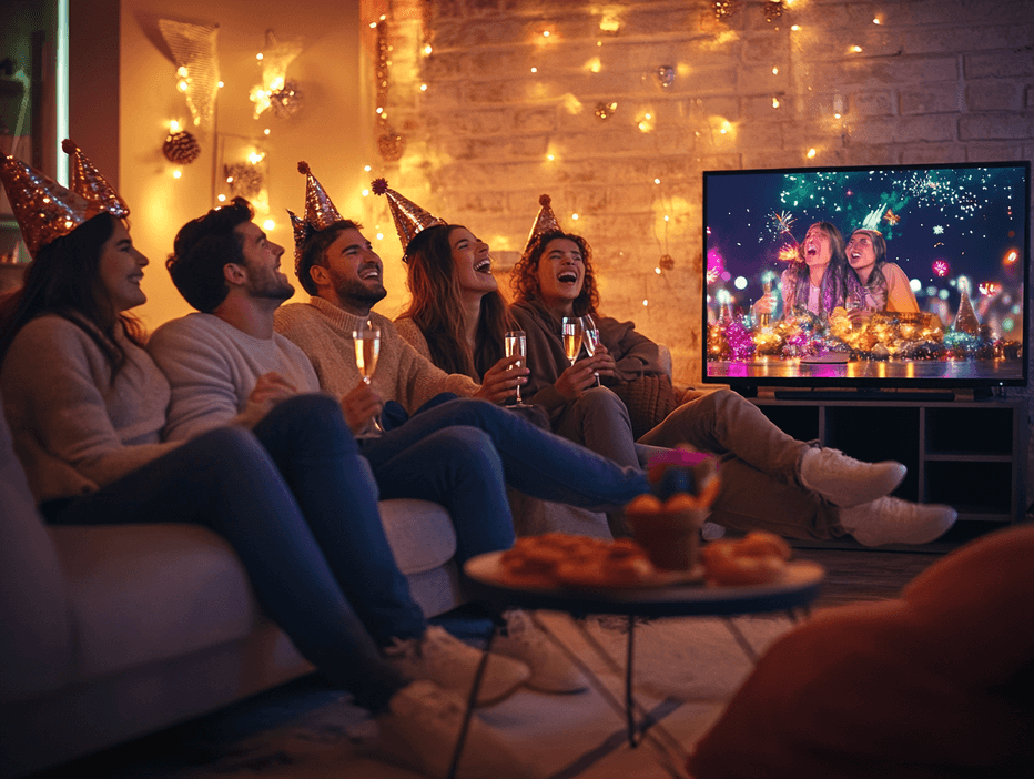 A close-up of a performer singing on stage with a cheering crowd in the background