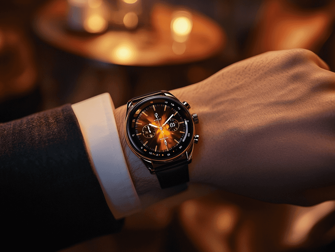 A futuristic smartwatch with a holographic display