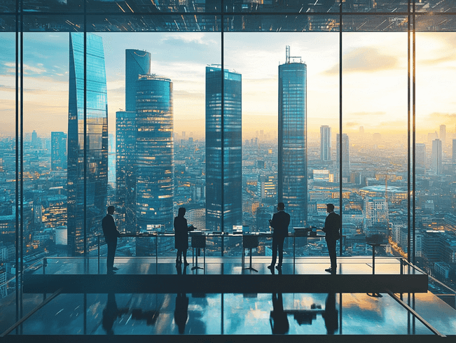 A bustling cityscape with skyscrapers representing corporate migration