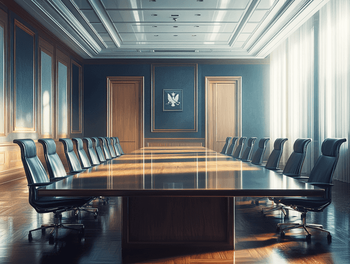 A diplomatic meeting room with empty chairs, symbolizing unresolved tensions.