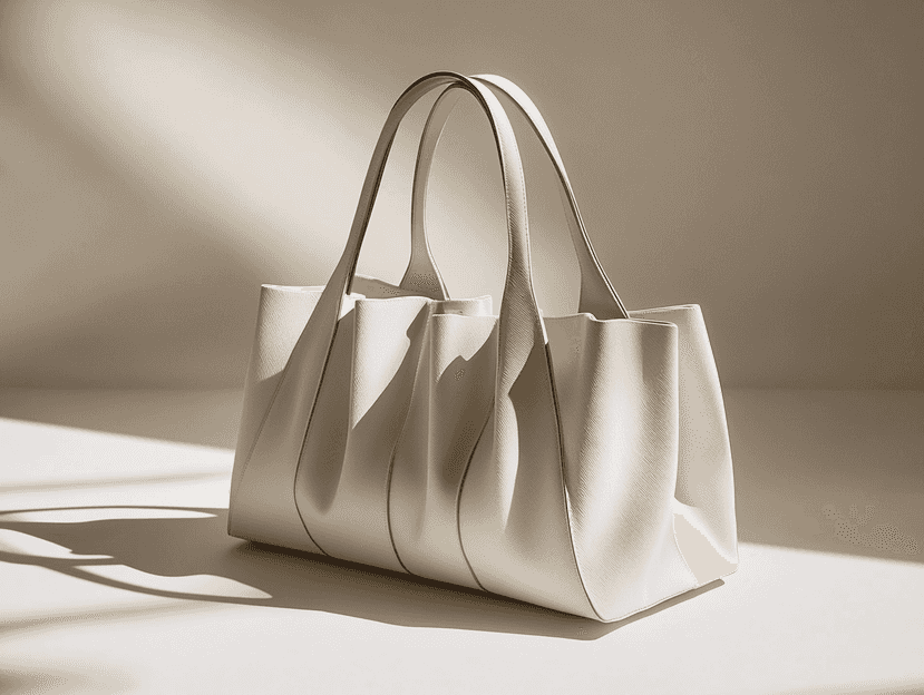 A sleek and stylish handbag displayed on a minimalist background, resembling a high-end luxury bag