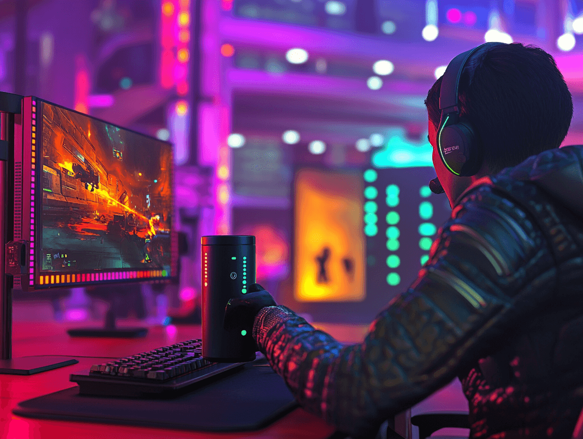 A modern gaming setup featuring the Bluetooth mug, wireless charging pad, and RGB lighting