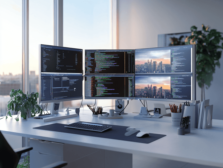 A modern workstation setup featuring multiple monitors and a laptop connected via high-speed cables