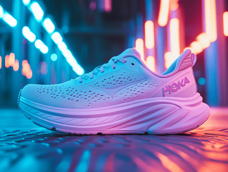 A pair of Hoka running shoes displayed on a wooden surface