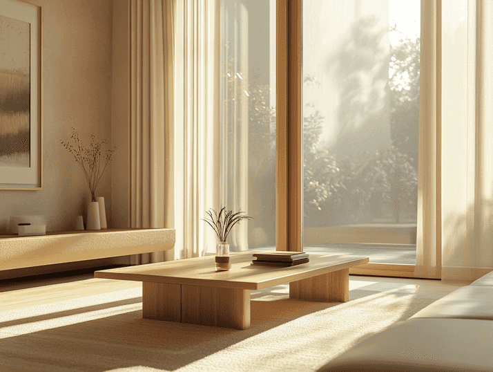A tidy and organized living room with minimal decor and natural light