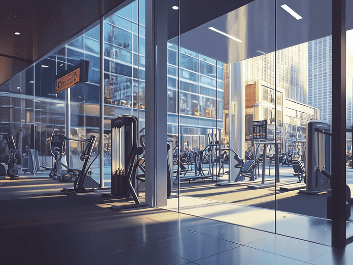 A gym located in a bustling urban area, easily accessible by public transport