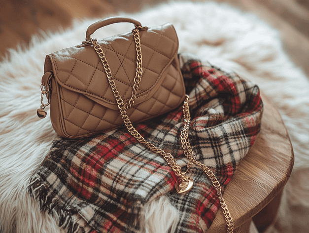 A flat lay of accessories including a scarf, handbag, and gold jewelry