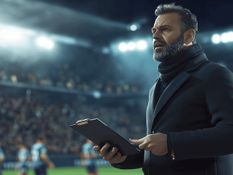 A football stadium filled with cheering fans under dramatic lighting