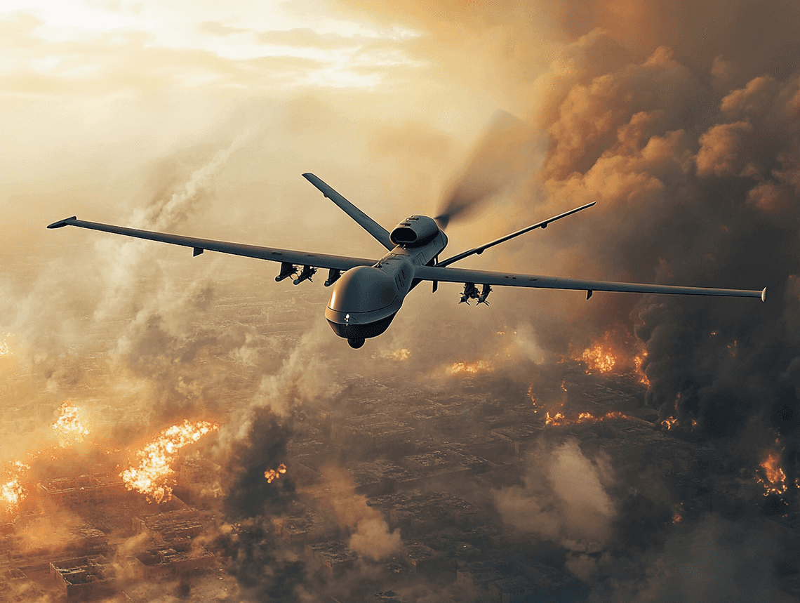 Thermobaric drone in flight over a conflict zone