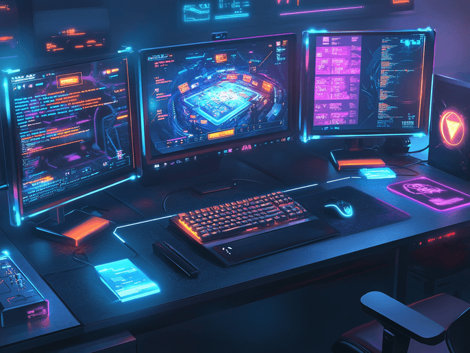 A futuristic metaverse landscape with gamers interacting in a virtual world