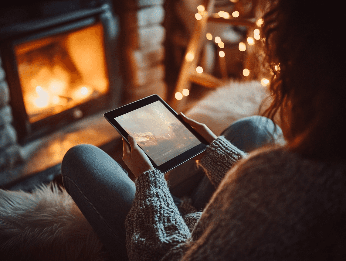 A person happily watching downloaded content on their tablet