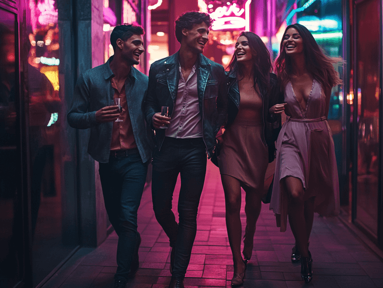 A woman in a metallic dress with statement earrings and a clutch bag, ready for a night out