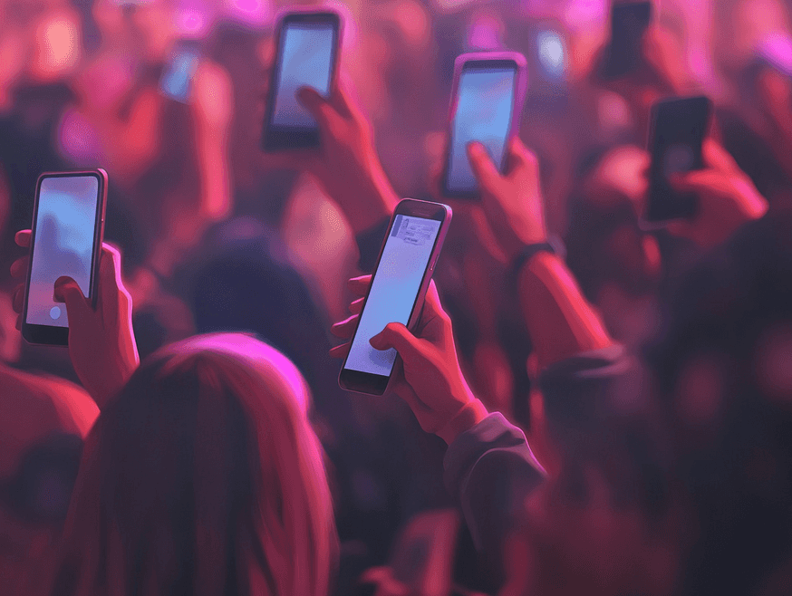 A crowd of people holding smartphones, symbolizing social media debates