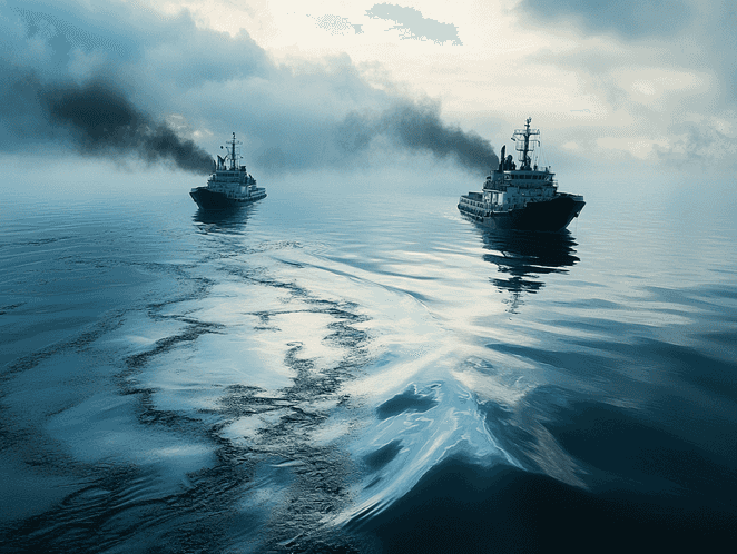 A devastated coastal area with oil-covered rocks and wildlife struggling to survive