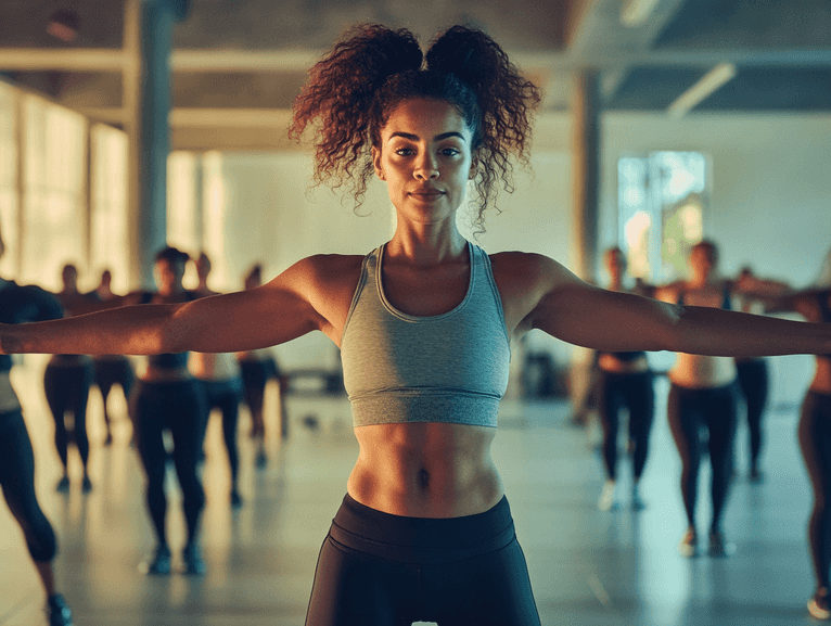 A group fitness class with diverse participants, fostering a sense of community