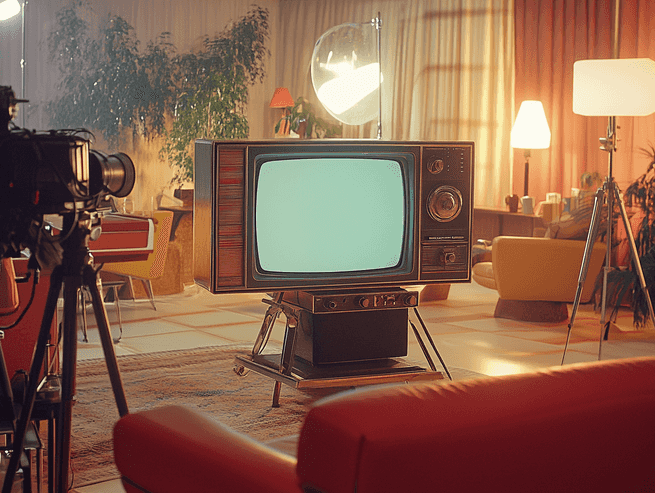 A behind-the-scenes shot of a vintage TV set, symbolizing the golden age of sitcoms