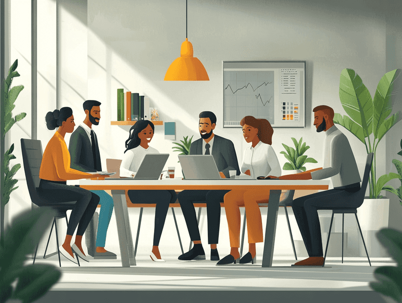 A group of diverse workers collaborating in a modern office