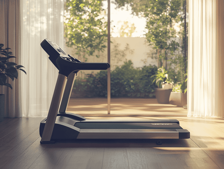 A sleek, modern treadmill in a stylish home gym setup