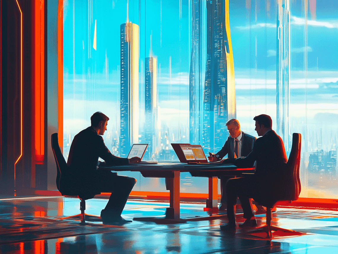 A modern office space with entrepreneurs discussing funding opportunities