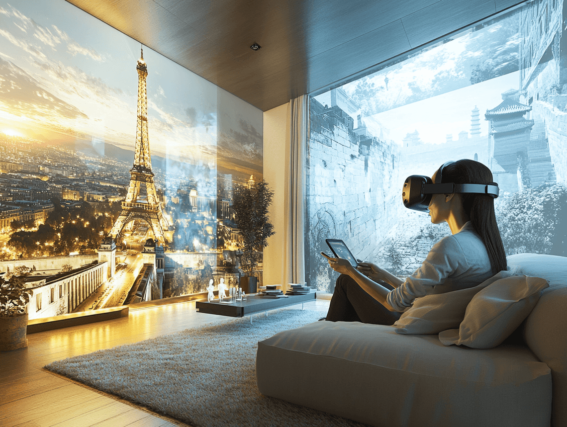 A traveler using a VR headset to explore a destination from home