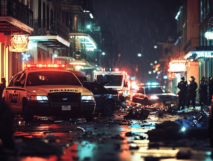 Emergency responders and a grieving crowd on Bourbon Street.