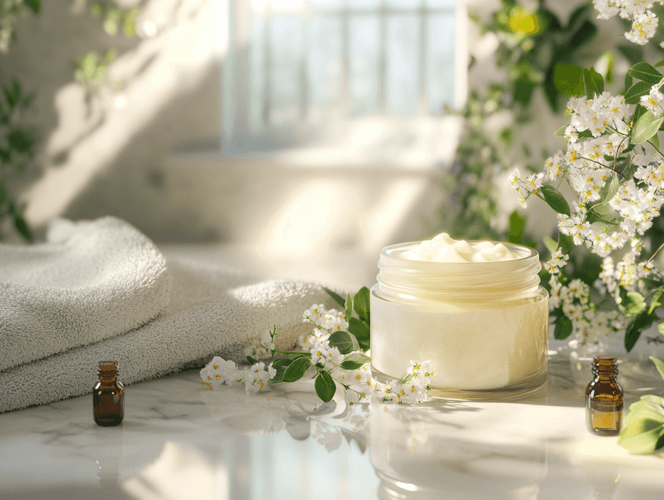 A luxurious jar of deep conditioner surrounded by fresh flowers and essential oils