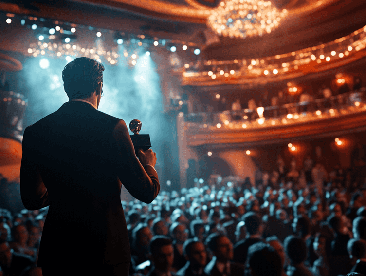 An emotional actor delivering a heartfelt speech on stage