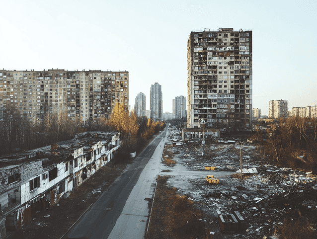 A bustling Ukrainian cityscape symbolizing economic recovery and growth