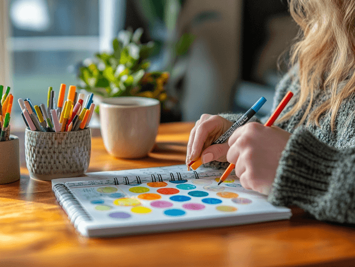 A person drawing a bubble calendar on paper, preparing to track their workouts.