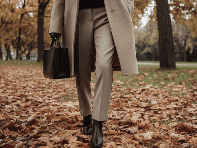 A stylish woman wearing a neutral outfit with a bold, colorful coat, standing in an urban setting