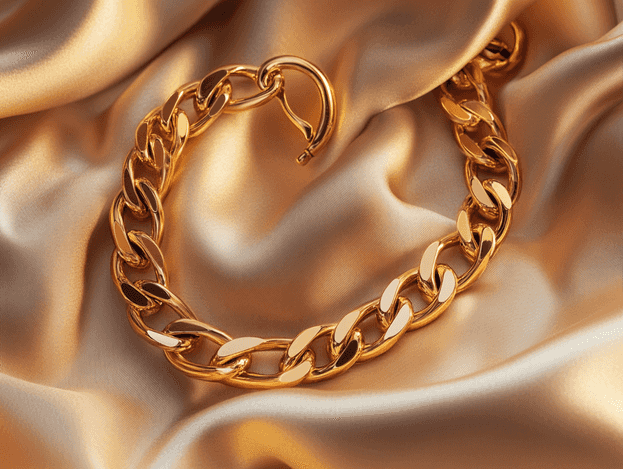 Close-up of chunky gold jewelry displayed on a neutral background
