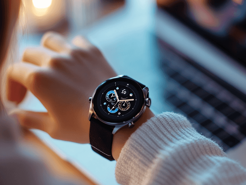 A person wearing a Samsung Galaxy Watch while jogging outdoors