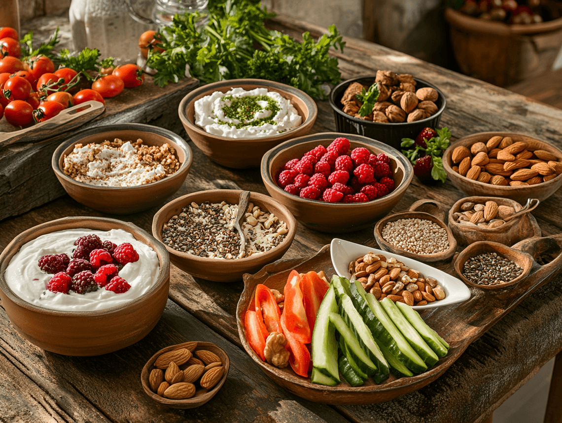 A variety of healthy snacks including nuts, yogurt, and fresh fruit on a rustic table