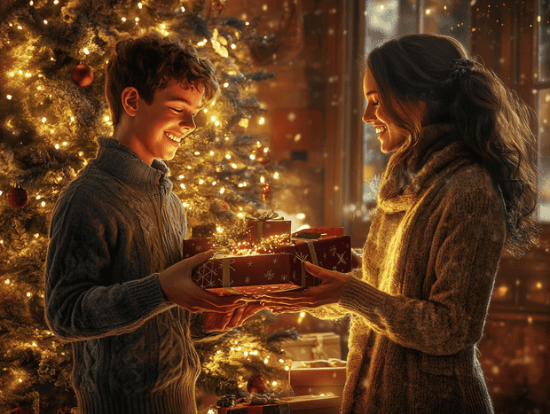 A cozy Christmas scene with a mother and son exchanging gifts by a decorated tree