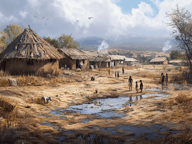 A photorealistic image of an African village during a famine crisis