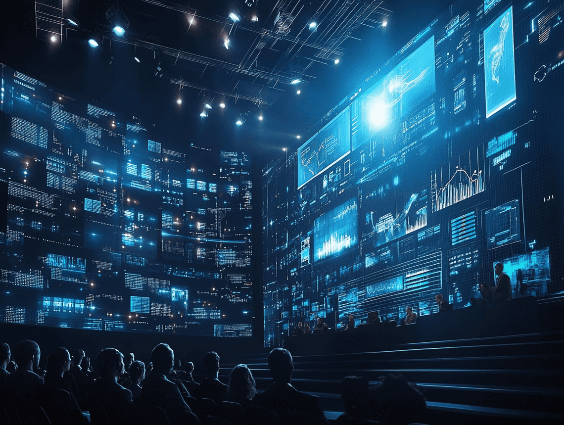 A futuristic tech conference stage with large screens and an audience captivated by the latest innovations
