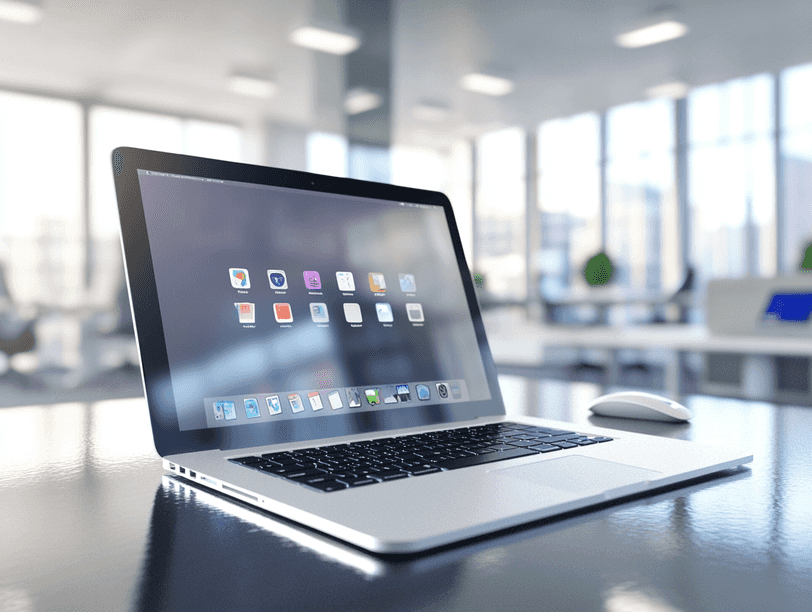 A professional workspace featuring a MacBook with a clean desktop and organized apps