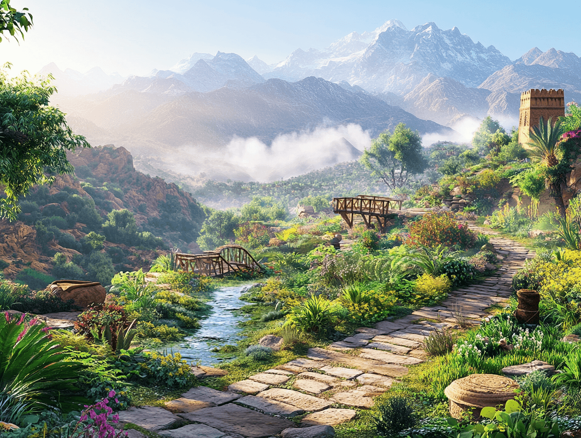 A panoramic view of the Atlas Mountains with lush gardens in the foreground