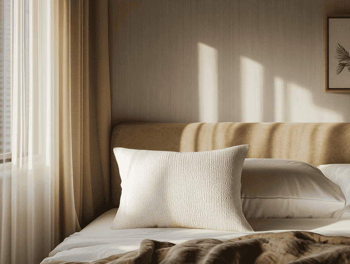 A stylish bedroom setup with a discreet sex pillow blending into the decor.