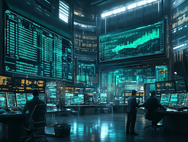 A futuristic financial graph with Bitcoin symbols and trading options