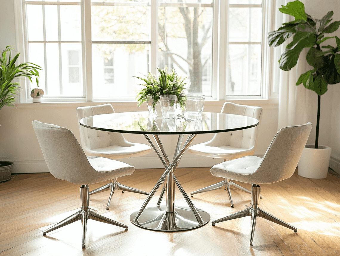 A stylish small dining table with two chairs in a modern apartment setting
