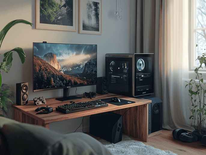 A gaming setup featuring the wooden side table PC, paired with a monitor and accessories
