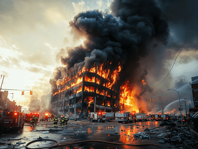 A blazing fire consuming a commercial building in an urban area