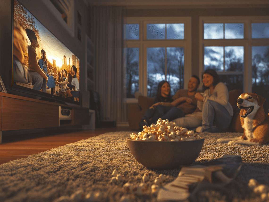 A photorealistic image of a family gathered around a modern TV, watching a colorful and engaging show.