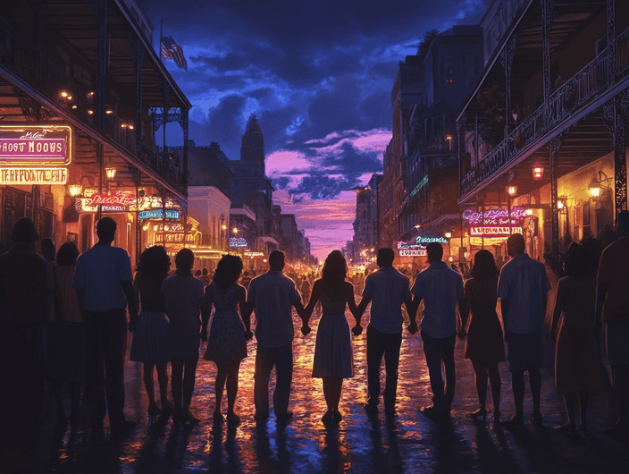A hopeful crowd gathers on Bourbon Street, symbolizing resilience and unity.
