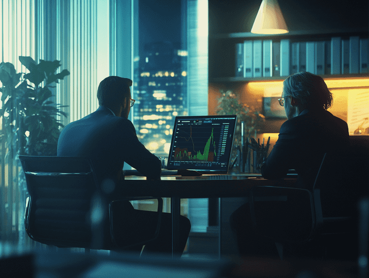 A green-themed stock market graph with ESG-focused icons