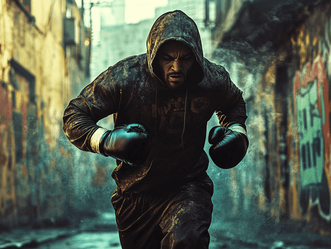 A cinematic shot of a boxing ring under dramatic lighting, symbolizing the climactic moments of the story