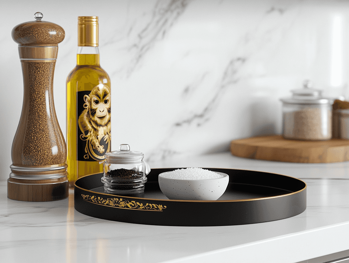 A stunning gold and black serving tray with intricate monkey designs, styled on a modern table with elegant decor