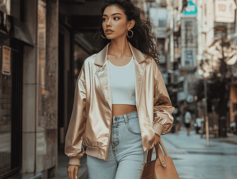 A bold satin jacket styled with edgy accessories for a night out