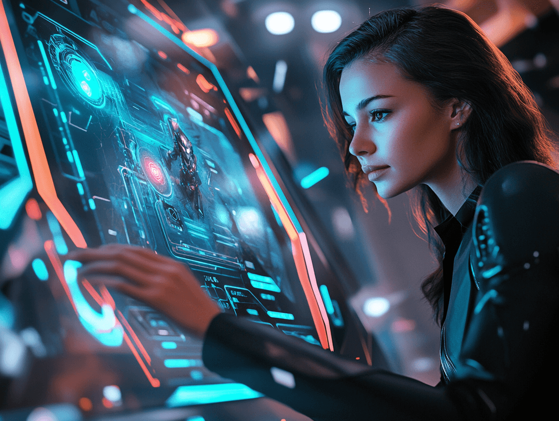 A gamer using a high-performance monitor in a futuristic setup